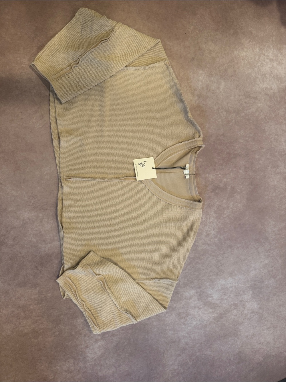 Ribbed V-Neck Cropped Knit Top in Taupe